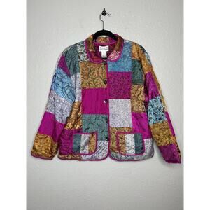 VTG Tantrums 100% Silk Boho Patchwork Button Jacket Pockets Colorful 90’s